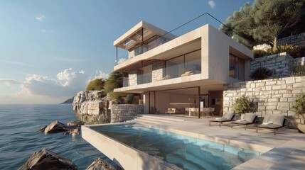 A contemporary two-story villa by the shore, featuring a large terrace and an empty pool space in the front. The villa is made of stone and glass