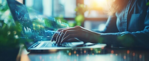A person analyzing data on a laptop while surrounded by plants in a modern office during the early morning. Wide web banner.