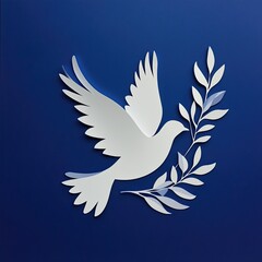 Obraz premium A paper cutout of a peace dove holding an olive branch on a dark blue background. Illustration. World Day of Peace, January 1