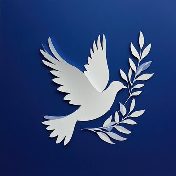 A paper cutout of a peace dove holding an olive branch on a dark blue background. Illustration. World Day of Peace, January 1