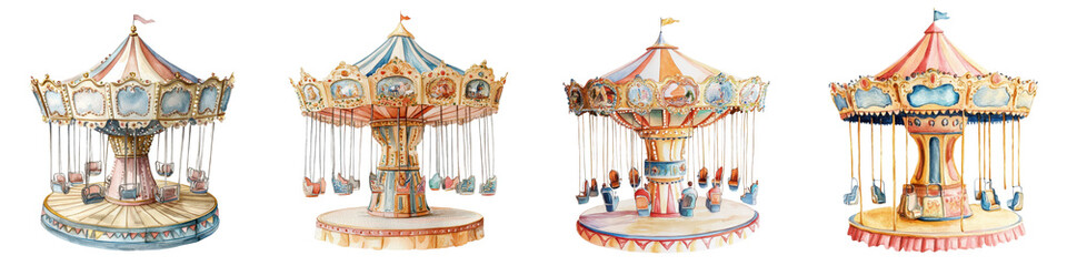 Fototapeta premium Vibrant vintage style carousel rides with whimsical horses and at an amusement park fairground or festival setting Evoking nostalgia joy and a sense of childhood wonder and excitement