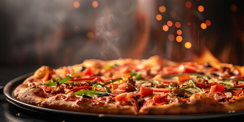 A mouthwatering piping hot pizza is prepared to be devoured A delectable copy space image for the menu captures its irresistible essence