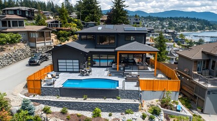 Obraz premium Photograph of a modern energy efficient house with solar panels on the roof and other sustainable design elements for an eco friendly environmentally conscious lifestyle
