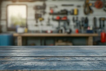 Empty table with blurred background featuring mechanic tools on the wall. Background, wallpaper, banner