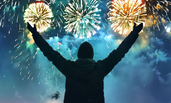 happy man enjoy the beautiful fireworks in the night sky