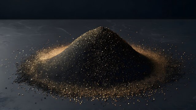 Bronze dust particles glowing subtly on a matte charcoal gray background, creating a mysterious aura. AI-generated.	