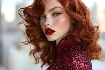 Fototapeta premium Elegant redhead with freckles in a sparkling outfit against urban backdrop