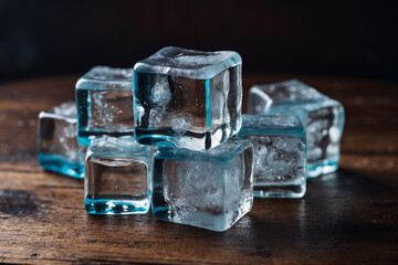 Stack ice cubes on a wooden table
