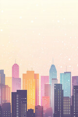 Fototapeta premium Snow falling on pastel city skyline at sunset