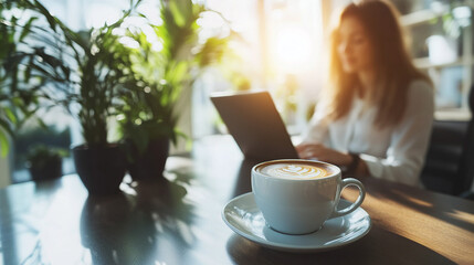 A cup of aromatic coffee stands on table where businesswoman works with laptop in office
