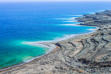 travel life style destination terrace sand stone shore line picturesque aerial landscape of Dead sea Jordanian waterfront picturesque view