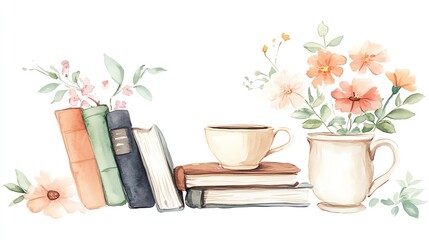 A charming watercolor illustration featuring books, a tea cup, and colorful flowers, perfect for cozy reading moments.