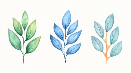 Obraz premium A collection of beautifully illustrated leaves in various shades of green and blue, ideal for nature-themed designs.
