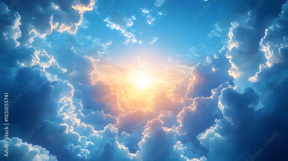 Wall mural a bright sun shines through a layer of clouds, creating a beautiful halo of light.