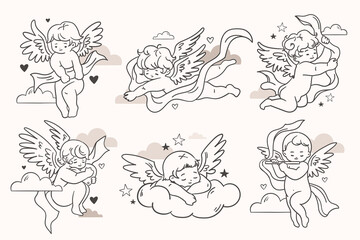 Hand drawn vintage angels mini composition set