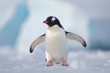 Naklejka premium A solitary Gentoo penguin stands proudly on the icy landscape in Antarctica during a bright, chilly afternoon