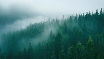 Serene Pine Forest Engulfed in Dense Morning Fog, Evoking Mystical Atmosphere and Nature&rsquo;s Tranquil Beauty. Ideal for Meditation, Relaxation, and Wilderness Exploration Concepts