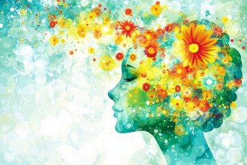 Fototapeta premium Abstract artistic representation of a human head filled with vibrant flowers and colors symbolizing creativity imagination and the blooming of ideas and emotions