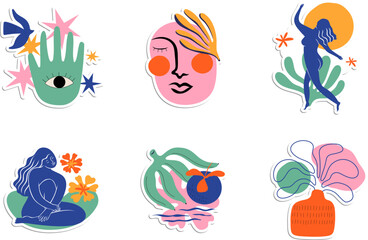 Hand drawn Matisse style stickers set