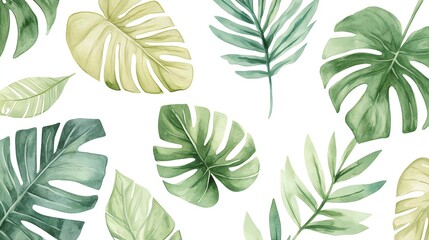 Naklejka premium A vibrant collection of assorted tropical leaves featuring rich green hues, perfect for nature-themed designs and backgrounds.