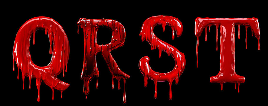 Blood font lettering. Letter Q, R, S, T dripping red liquid text effect for Halloween