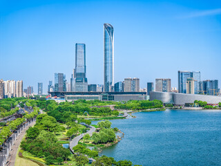 Roads with buildings and natural scenery in modern city in Suzhou, China
