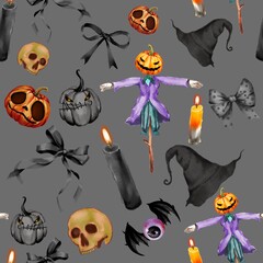 set of halloween elements seamless pattern