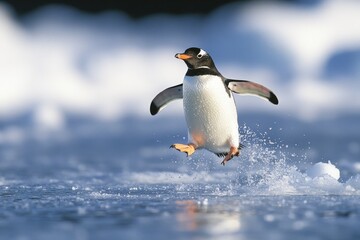 Fototapeta premium A playful penguin leaps across the icy surface in Antarctica during a bright, sunny day in early summer