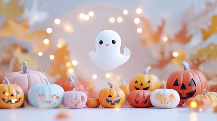 Obraz premium Whimsical Halloween Scene with Ghost and Pumpkins