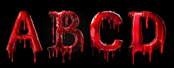 Blood font lettering. Letter A, B, C, D dripping red liquid text effect for Halloween