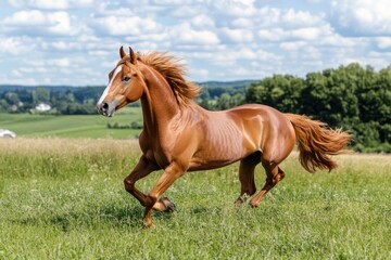 Fototapeta premium Playful chestnut horse galloping joyfully in a lush green pasture under a blue sky