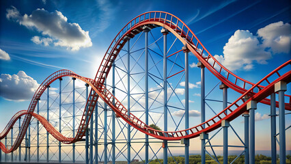 vibrant roller coaster track curves against bright blue sky