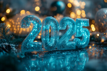 Glowing blue 2025 glass numbers in festive setting