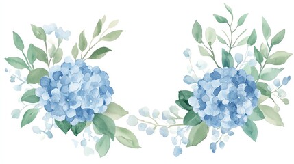 Beautiful watercolor illustration of blue hydrangea flowers with soft green leaves, perfect for decoration and design projects.