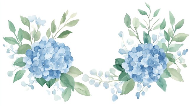 Beautiful watercolor illustration of blue hydrangea flowers with soft green leaves, perfect for decoration and design projects.