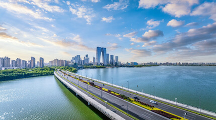Obraz premium Roads with buildings and natural scenery in modern city in Suzhou, China