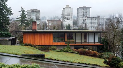 Obraz premium Stunning modern suburban house with a spacious well manicured front yard featuring lush greenery mature trees and a contemporary architectural design