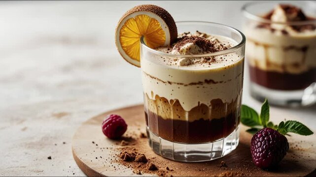 Tiramisu cocktail in a glass over a grey background