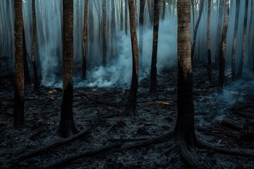 Burnt forest with charred tree trunks and smoke rising from the ground, symbolizing the destructive effects of deforestation through slash-and-burn techniques