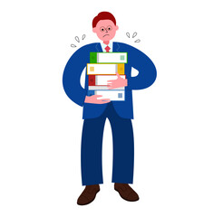 大量の書類ファイルを運ぶスーツを着たメガネの男性の姿の全身のイラスト