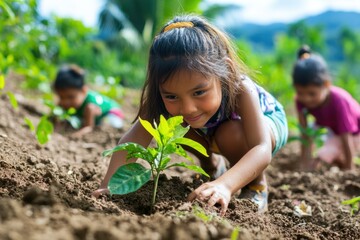 Children planting trees in a deforested area, symbolizing the hope for reforestation and the restoration of damaged ecosystems through environmental action