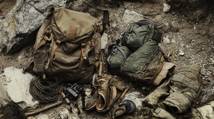 Tactical Gear Arrangement on Rugged Terrain