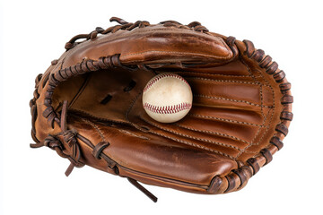 Close-up of a baseball glove and ball isolated on transparent