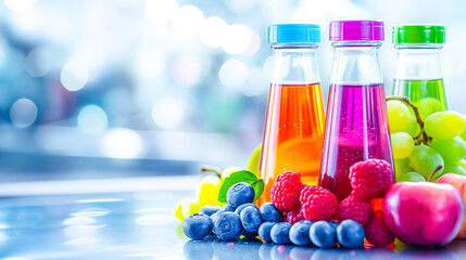 Naklejka premium Three glass bottles filled with vibrant drinks sit on a reflective surface, accompanied by an assortment of fresh fruits including grapes, raspberries, and apples