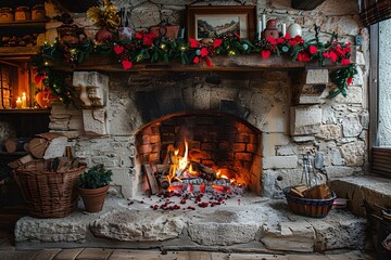 A fireplace with a bunch of flowers on top of it