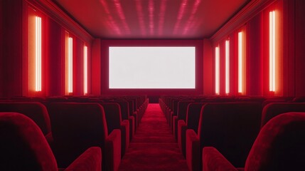 Fototapeta premium Interior of a modern cinema with red lighting, empty velvet chairs facing a blank screen, creating an inviting yet dramatic atmosphere.