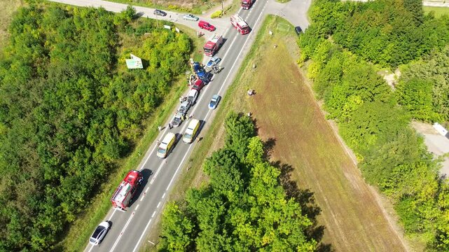 Aerial view of multiple vehicle accident scene, Poland, Europe 25.08.2024