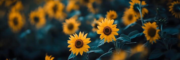 Endless golden sunflower field stretching as far as the eye can see with bright yellow flowers swaying gently in the warm summer breeze creating a picturesque and serene rural landscape