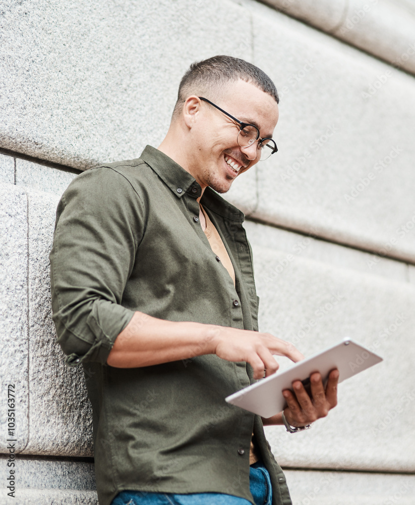 Aufkleber Office, building and man with tablet in communication for networking, internet and reading online news. Happy, worker and employee with technology at business for email, information and feedback