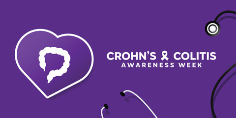 Crohns and Colitis Awareness Week. Colitis and stesthoscope. Great for cards, banners, posters, social media and more. Purple background. 